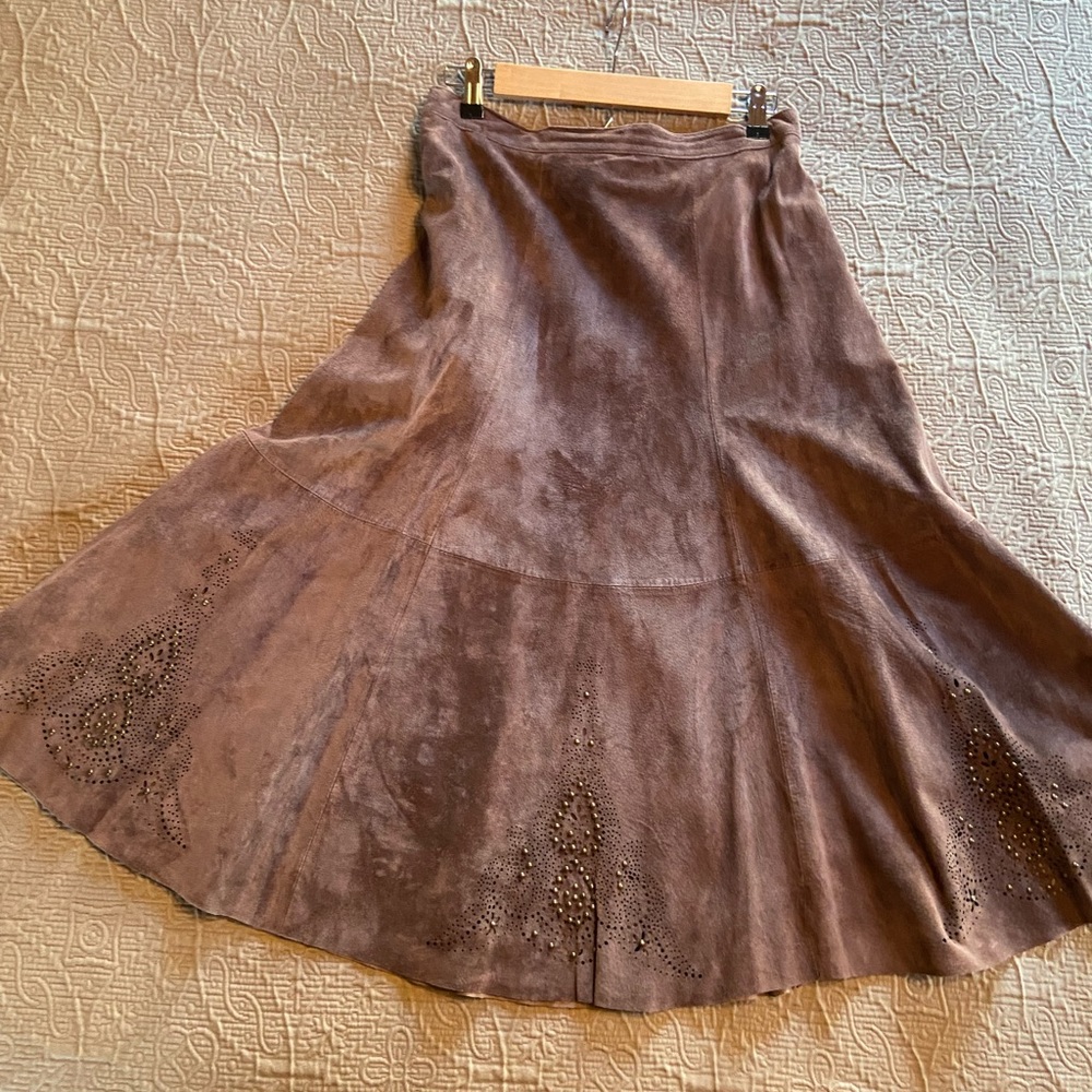 Chico’s suede skirt with laser cut outs and studs